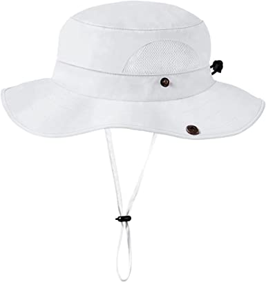 Photo 1 of Baby Bucket Sun Hat, Kids UPF 50 UV Protection Summer Beach Cap, Wide Brim Adjustable Hat with Mesh for Toddler Infant Kids Size 6-24 Months (White)
