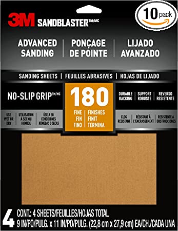 Photo 1 of 3M 20180-G-4 Sandblaster Advanced Sanding Sheets with No-Slip Grip, 180 Grit, 9 in. x 11 in, 4, 10-Packs Total Sandpaper, Gold, Count
