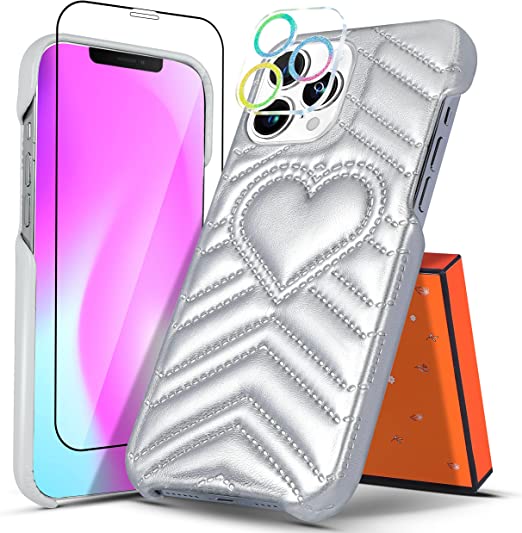 Photo 1 of Lotadilo (3in1) for iPhone 13 Pro Max 6.7 inch Case Girls Women Girly Luxury Designer Cute Aesthetic Sliver Leather Love Heart Phone Cases Trendy with Tempered Glass Screen Camera Lens Protector Cover
