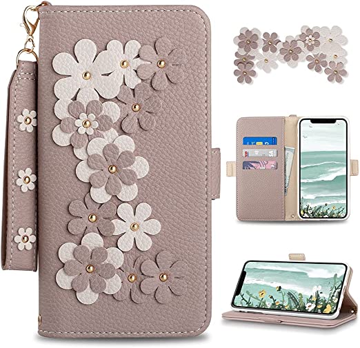 Photo 1 of 3CCart iPhone 11 Wallet Case with Kickstand, [Wrist Strap] iPhone 11 Flip Case for Women & Girls Floral Design, with Card Holder PU Leather Phone Cover [Shockproof TPU] for iPhone 11 6.1" Apricot Pink
