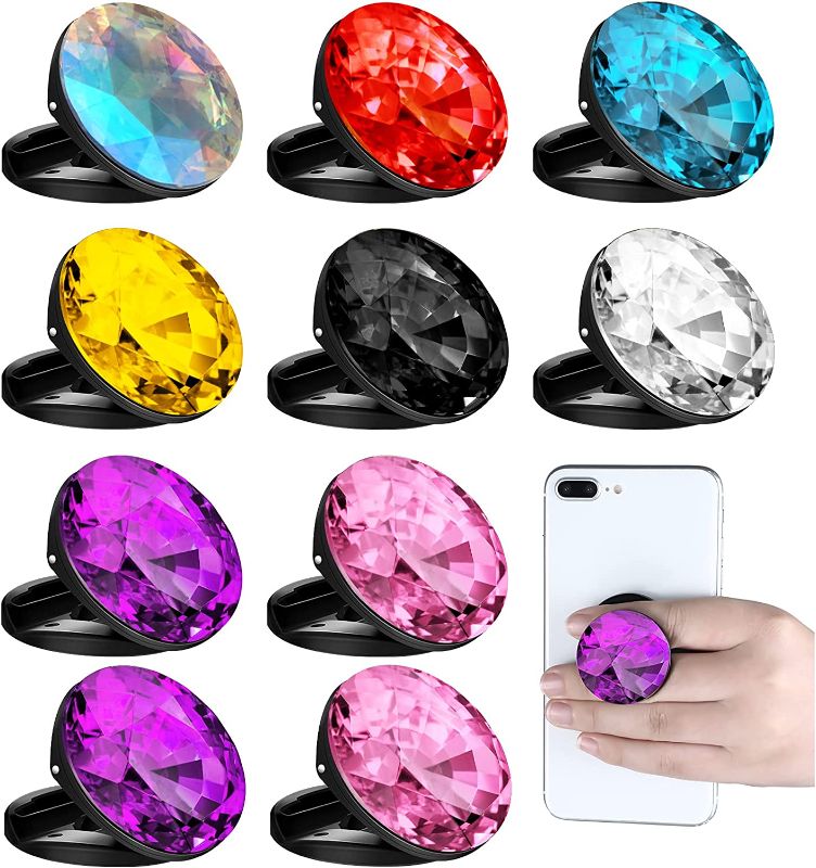 Photo 1 of 10 Pieces Plastic Disco Crystal Phone Grip Holder Collapsible Crystal Socket Expanding Finger Holder Adhesive Foldable Phone Kickstand Grip for Smartphone and Tablets, 8 Colors
