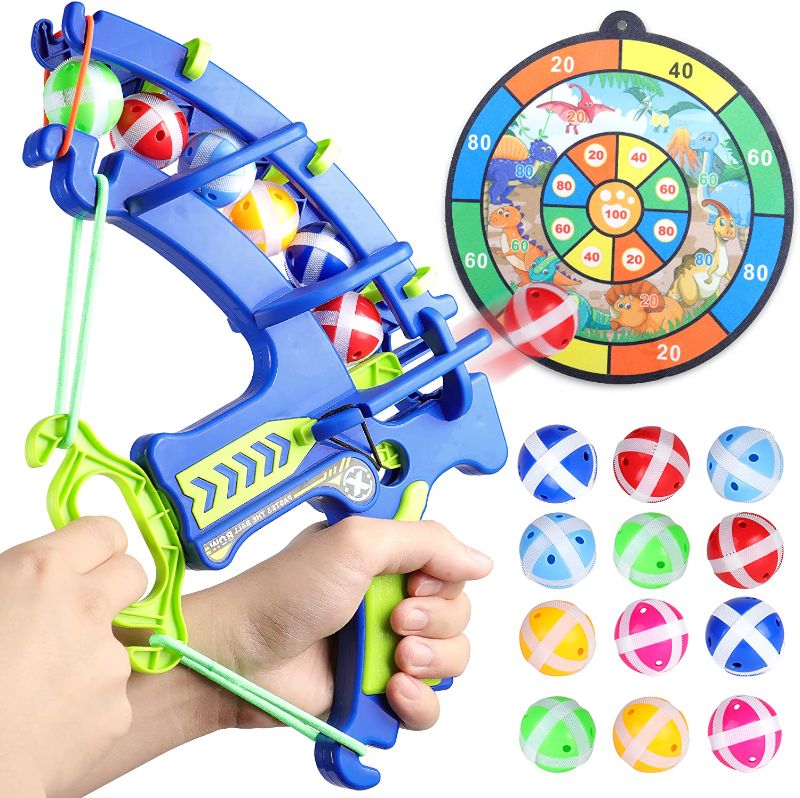 Photo 1 of Bow and Dart Board Toy for Kids with Sticky Balls, Indoor/Outdoor Archery Toy Set Party Play Game Set Target Shooting Toys, Birthday Gifts for Boys Girls 3 4 5 6 7 Years Old (Blue with 12 Balls)
