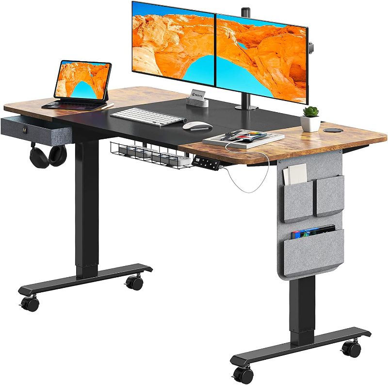 Photo 1 of Maidesite Standing Desk Adjustable Height, 55 Inch Stand Up Desk, Electric Sit Stand Desk with Caster Wheels, Drawer and Cable Management Tray for Home Office, Rustic Brown+Black Desktop
