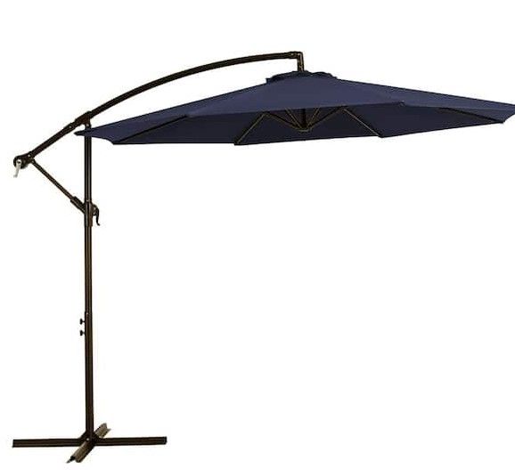 Photo 1 of 10 ft. Cantilever Hanging Steel Offset Outdoor Patio Umbrella with Cross Base in Navy
