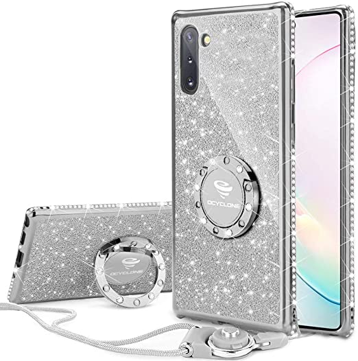 Photo 1 of OCYCLONE for Cute Galaxy Note 10 Case, Glitter Phone Case for Women Girls with Kickstand, Bling Diamond Rhinestone Bumper with Ring Stand Compatible with 6.3" Samsung Galaxy Note 10 - Silver

