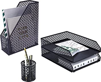 Photo 1 of Annova Mesh Desk Organizer 4 Pieces Office Suppliers Desktop Organizer Set Desk Accessories - Letter / File Tray x 2, Magazine Rack / Upright Document Holder x 1, Pen Holder x 1 - Black

