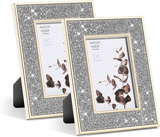 Photo 1 of 5x7 Picture Frame Gold Edge Silver Crystal Diamonds Decor for wall and desk, Photo Frame With High Definition glass Display Horizontal and Vertical Gifts for Wedding Graduation 2 Pack 5 by 7
