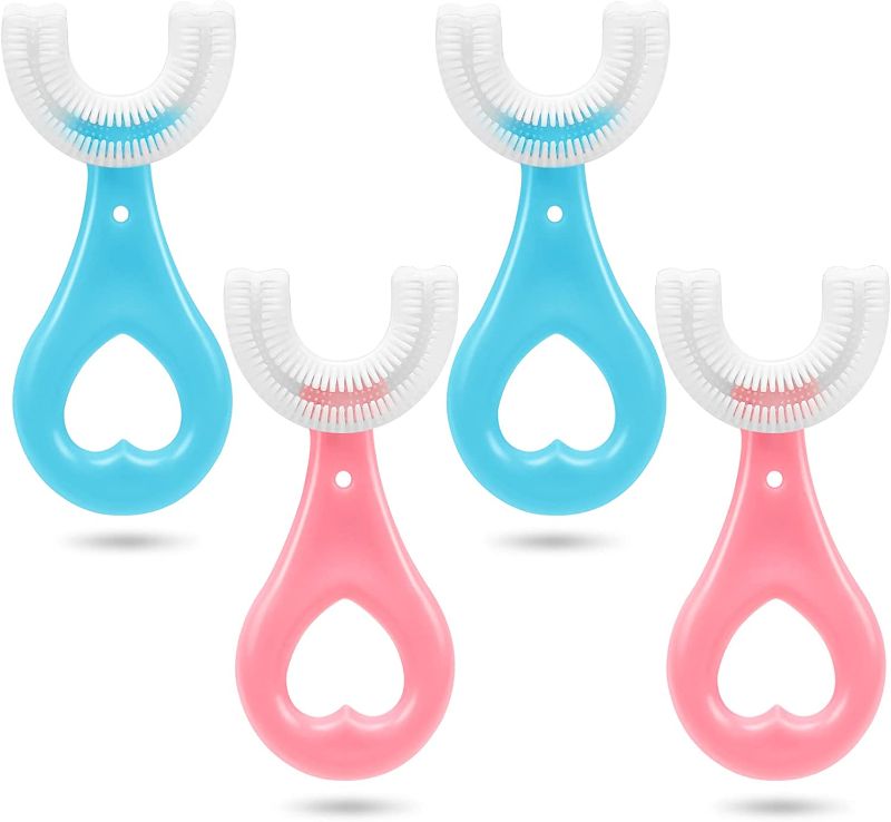 Photo 1 of 4 Pack Kids U Shaped Toothbrush with Soft Silicone Brush Head, Kids Toothbrushes Whitening Massage Toothbrush U-Type Baby Toothbrush 360° Oral Teeth Cleaning for Toddler Toothbrush Ages 2-6(Blue+Pink)
