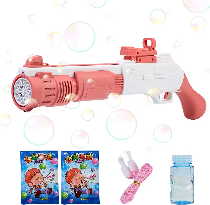 Photo 1 of Fleeting Time Rifle Bubble Gun,10 Holes Automatic Bubble Machine with Light for Kids,Party Birthday Gifts, Outdoor Activities, Summer Toys(New Pink)
