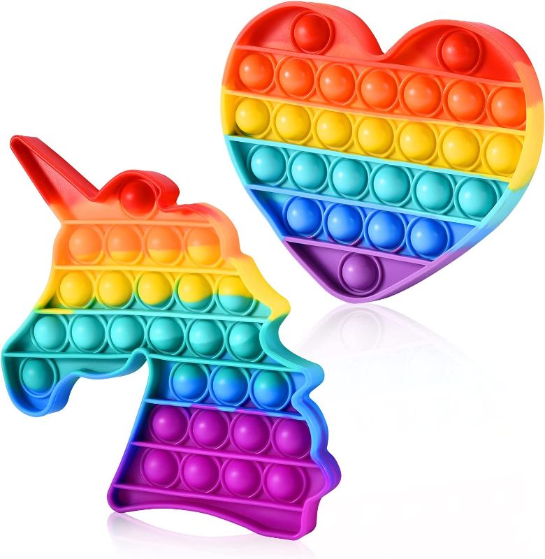 Photo 1 of Anubis Ventures LLC 2 Pack Magical Rainbow Pop It Fidget Toys- Unicorn Dinosaur and Heart Pop It, Poppers Bubble with Pop Sound Sensory Fidget Toy for Kids and Adults Stress, Anxiety Relief Autism Toy
