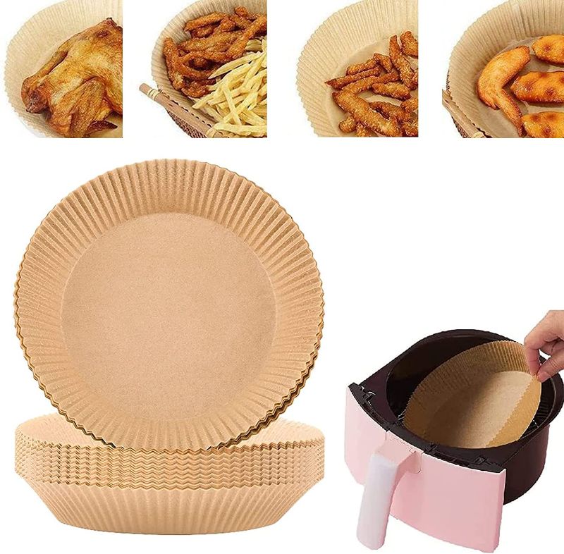 Photo 1 of Air Fryer Disposable Paper Liner, 50PCS Non-stick Disposable Liners for Air Fryer, Baking Paper for Air Fryer Oil-proof, Water-proof, Parchment for Roasting Microwave (50Pcs -6.3inch, Natural)
