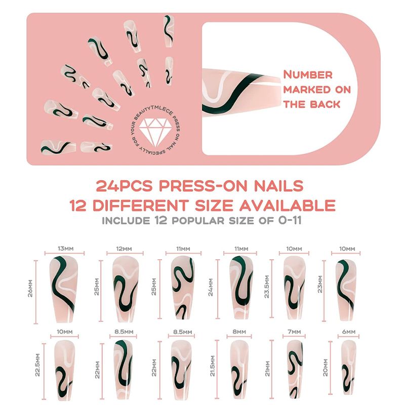 Photo 1 of 24 Pcs Press on Nails Long Coffin Fake Nails Dark Green Wave Glue on Nails for Woman Girls Full Cover Stick on Nails with Glue Sticker and Nails File