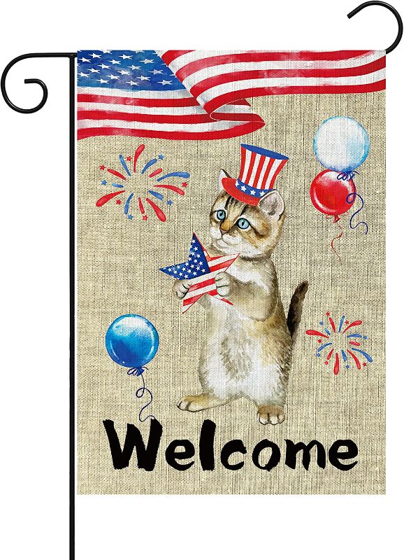 Photo 1 of  4th of July Patrioctic Cat Garden Flag Burlap Double Sided Memorial Day Burlap Double Sided Welcome Blue Red Independence Day Outside Yard Party Decoration for Indoor Outdoor Lawn 12.4 x 18.2 Inch
