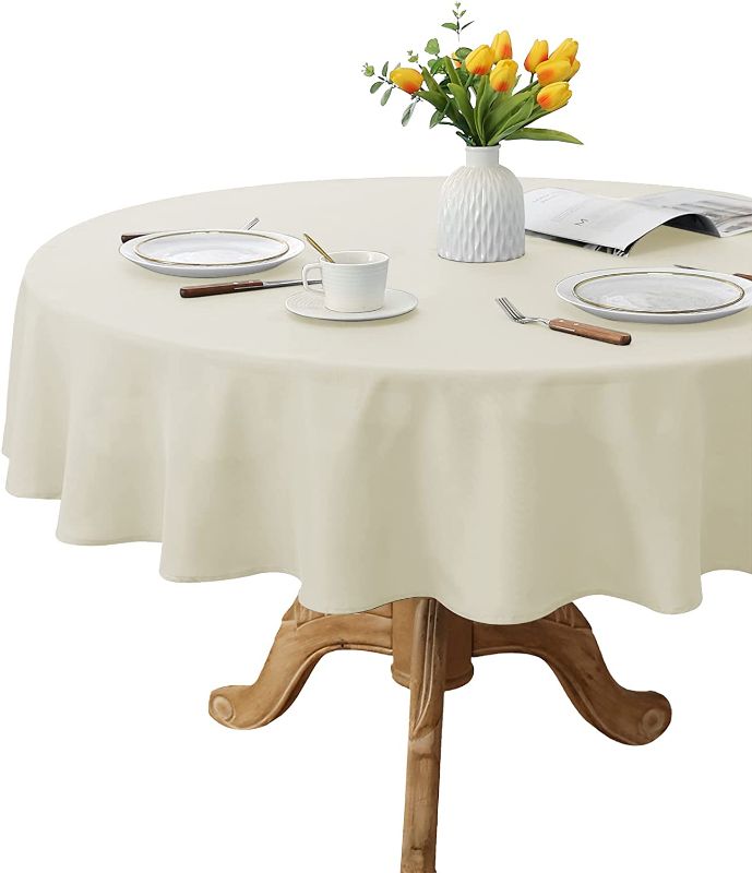 Photo 1 of  Beige Round Table Cloth - 90 Inch in Washable Polyester Rround Tablecloth - Great for Dining Table,Buffet,Camping,Restaurant and Parties