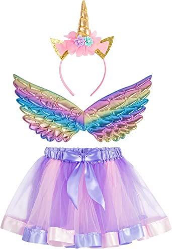 Photo 1 of  3 Pieces Layered Tulle Rainbow Tutu Skirt, Unicorn Headband & Rainbow Wings Dress Up Costume Set