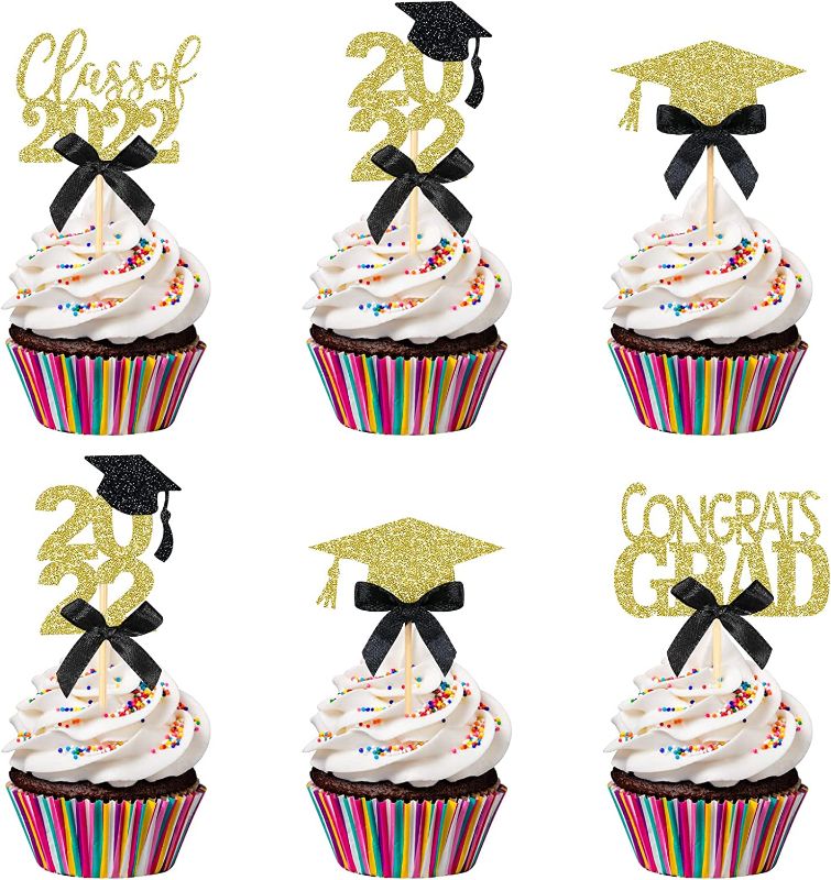 Photo 1 of 24Pcs Graduation Cupcake Toppers 2022- Black Graduation Decorations 2022, Graduation Picks for Cupcakes, Graduation Sticks, Graduation Party Supplies 2022?Black?