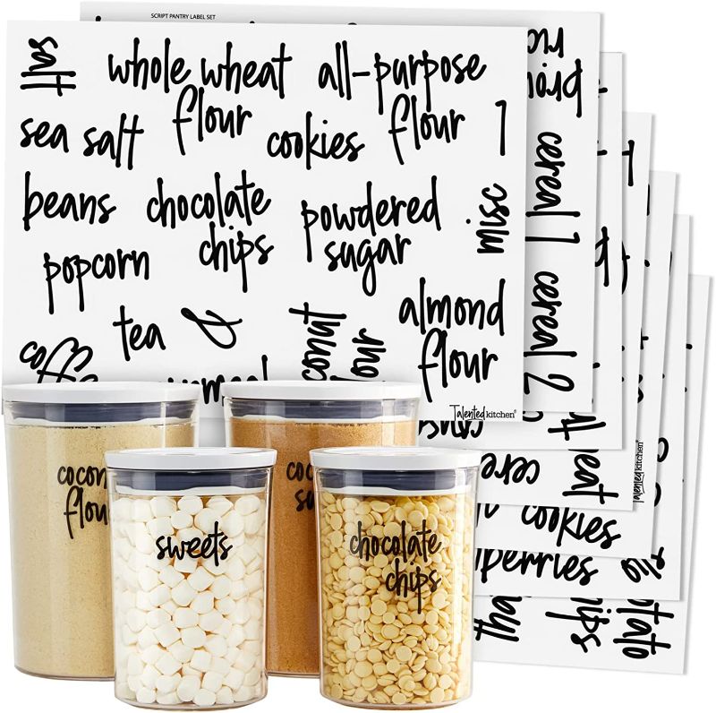 Photo 1 of 159 Kitchen Pantry Labels for Food Storage Containers, Preprinted Black Script on Clear Stickers + Numbers for Organization Canisters and Jars (Water Resistant)