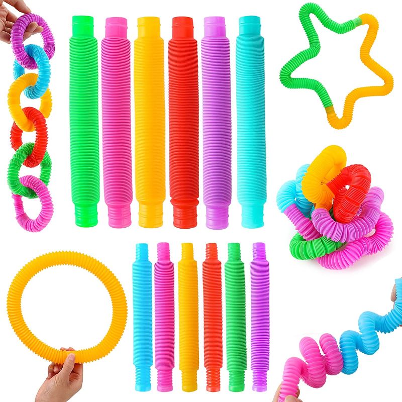 Photo 1 of 2 pack - iCoolGoGo Pop Tubes Sensory Toys 12 Pack (6 Big Tubes + 6 Mini Tubes), Fine Motor Skills Toddler Toys, Fidget Toys for Sensory Kids and Learning Toys
