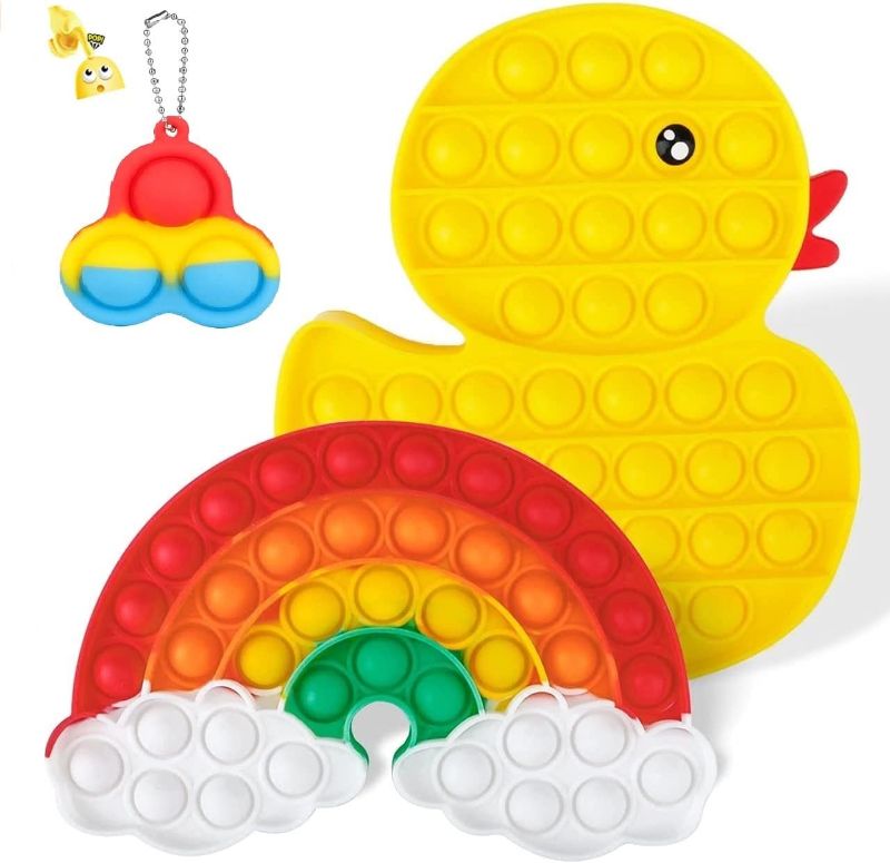 Photo 1 of [Newest Design] 2PCS Push Pop Bubble Fidget Sensory Toy + 1PCS Toy Keychain, Autism Special Needs Stress Reliever, Playing Board Emotion Anxiety Relief Tool for Kids Adults (Duck+Cloud+Toy Keychain)
