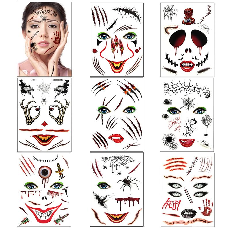 Photo 1 of Grier Halloween Scar Temporary Tattoos - Vampire Zombie Party Supplies Decorations Bloody Cosplay Props,Realistic Fake Injury Wound for Halloween Costume Accessories(8 Sheets)
