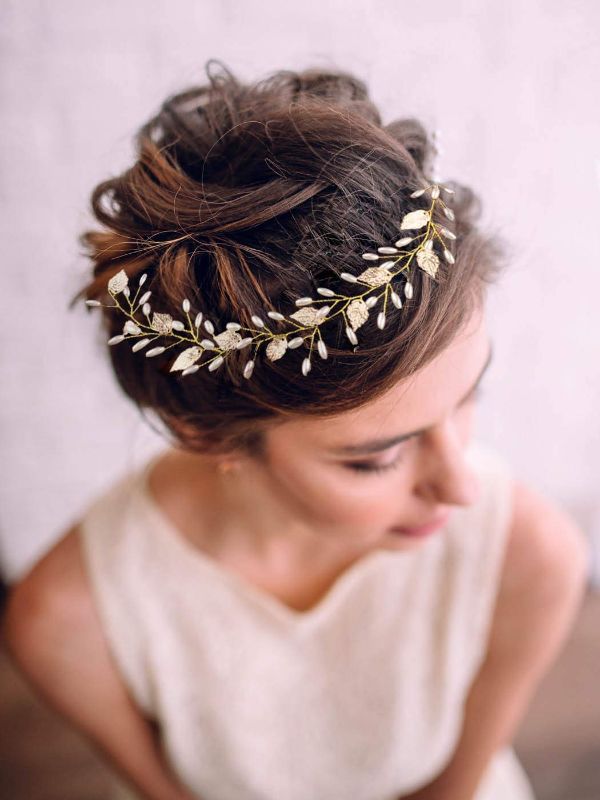 Photo 2 of Yean Gold Leaf Bride Wedding Headband Pearl Bridal Hair Accessories Headpiece for Women and Girls