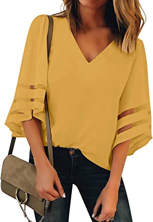 Photo 1 of Bdcoco Womens 3/4 Bell Sleeve V Neck Mesh Patchwork Blouse Tops Casual Loose Shirts
Size: Medium