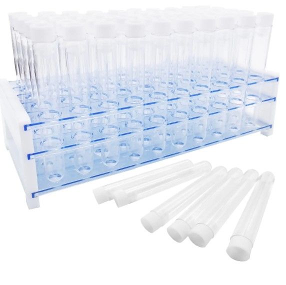 Photo 1 of 100Pcs Clear Plastic Test Tubes with Rack,16 x 100mm Test Tube with White Caps and 50 Holes Tubes Rack,Test Tube Set for Scientific Experiments,Party,Gumball Candy,Beads,Bath Salt
