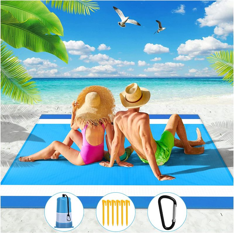 Photo 1 of 2022 New Upgraded Beach Blanket Waterproof Sandproof, Oversized Beach Mat for 4-7 Adults with 6 Stakes, Lightweight & Quick Drying Beach Blanket for Travel, Camping, Hiking, Picnic
