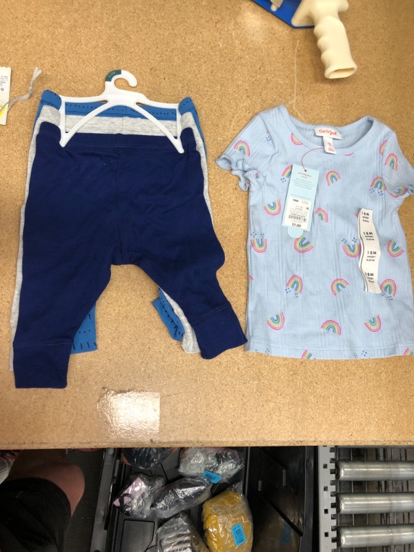 Photo 2 of Baby Boys' 3pk Dino Dreams Pull-on Pants - Cloud Island™ Blue/Navy/Gray SIZE 0-3M + CAT AND JACK GIRLS RAINBOW SHIRT SIZE 18M