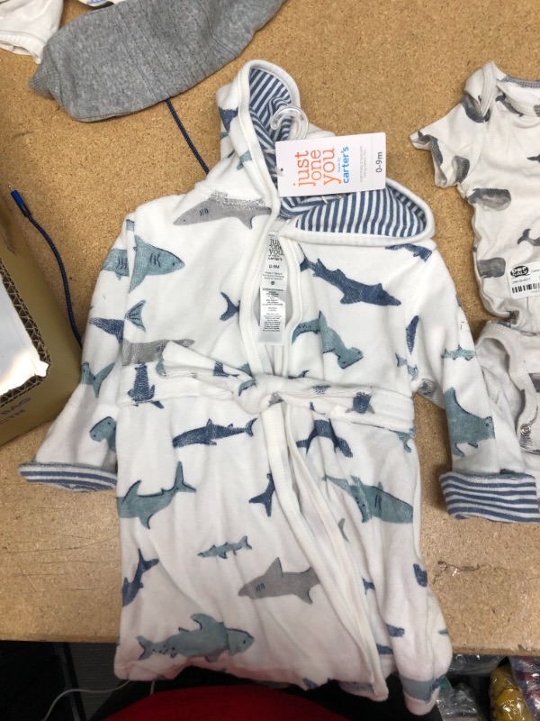 Photo 2 of Baby Boys' Shark Bath Robe - Just One You® Made by Carter's White/Blue SIZE 0-9M + 3 SEA ANIMAL THEMED BABY ROMPERS SIZE 6M