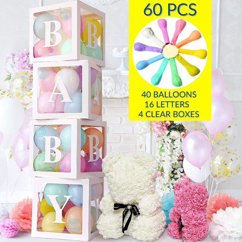 Photo 1 of Baby Shower Boxes Party Decorations - Premium Kit 60 Pieces, Boy or Girl, 4pcs White Transparent Boxes with letters BABY, Party Boxes Block for Baby Shower, Birthday Boxes Gender Reveal Party Supplies