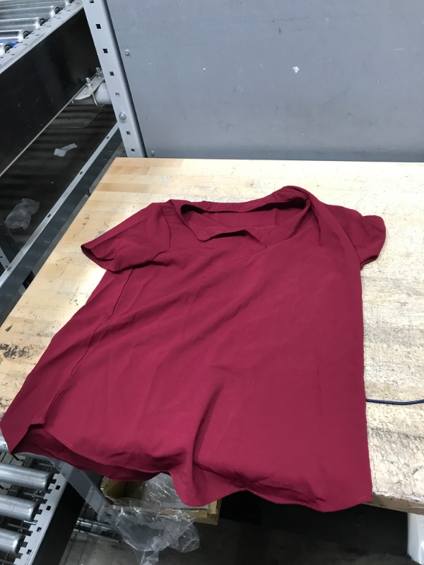 Photo 1 of Allimy Women Summer Casual Split V Neckline Chiffon Blouses Loose Tunic Short Sleeve Tops Wine Medium