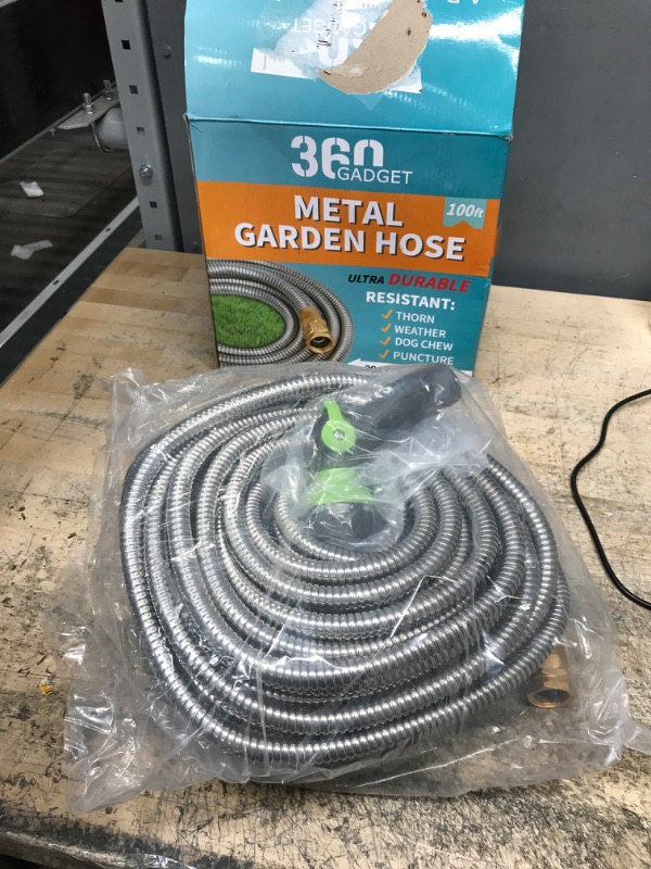 Photo 2 of 360Gadget Metal Garden Hose - 100ft Heavy Duty Stainless Steel Water Hose with 8 Function Sprayer & Metal Fittings, Flexible, Lightweight, No Kink, Puncture Proof Hose for Yard, Outdoors, Rv 100.0 Feet