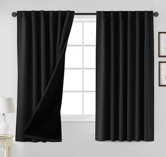 Photo 1 of 100% Blackout Curtains Thermal Insulated Window Curtains 63 inch Length Rod Pocket and Back Tab Curtain Panels for Bedroom Full Light Blocking Drapes with Black Liner, Jet Black- 52" x 63" 