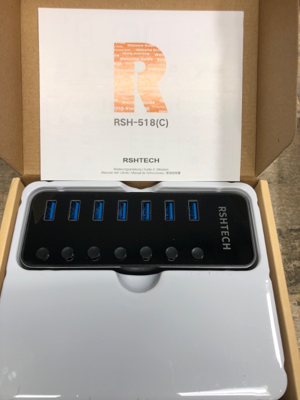 Photo 2 of Powered USB Hub RSHTECH Type C to 7 Port USB 3.0 Data Port Hub Expander Aluminum Portable Splitter with Universal 5V AC Adapter and Individual On/Off Switches for Laptop and PC(Black) 7 Port USB C to USB 3.0 Hub