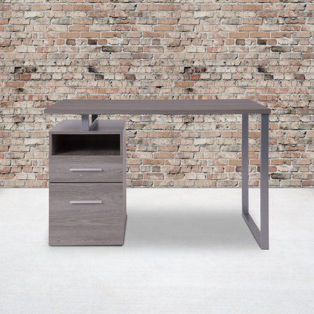 Photo 1 of Harwood Light Ash Wood Grain Finish Computer Desk with Two Drawers and Silver Metal Frame
