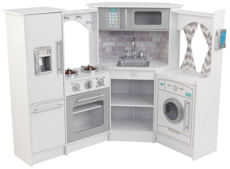 Photo 1 of **UISED-MINOR DAMAGE-LOOSE PARTS**
Kidkraft Ultimate Wooden Corner Play Kitchen with Lights and Sounds in White
