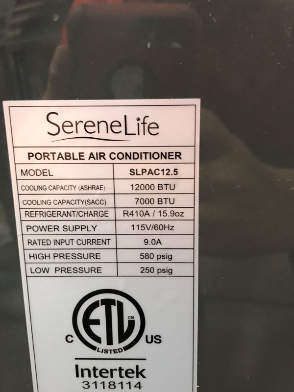 Photo 5 of **MISSING 1 WHEEL**
SereneLife SLPAC12.5 Portable Air Conditioner Compact Home AC Cooling Unit with Built-in Dehumidifier & Fan Modes, Quiet Operation, Includes Window Mount Kit, 12,000 BTU, White
