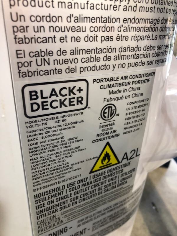 Photo 5 of **UNSTEADY MISSING WHEEL**
Black & Decker 8,000 Btu Sacc or 12,000 Btu Ashrae 128 Portable Air Conditioner
