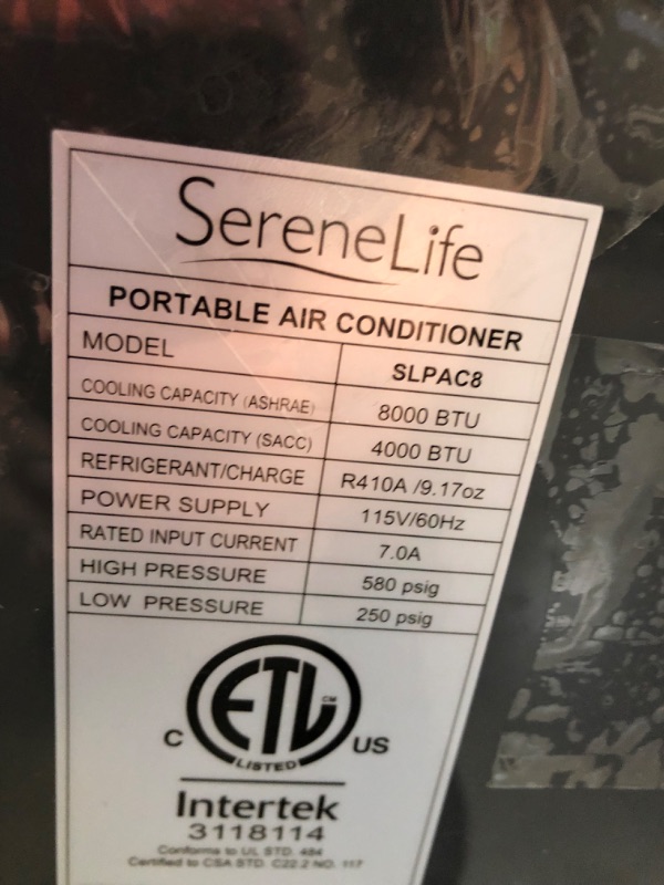 Photo 7 of **MISSING REMOTE**
SereneLife SLPAC8 Portable Air Conditioner Compact Home AC Cooling Unit with Built-in Dehumidifier & Fan Modes, Quiet Operation, Includes Window Mount Kit, 8,000 BTU, White