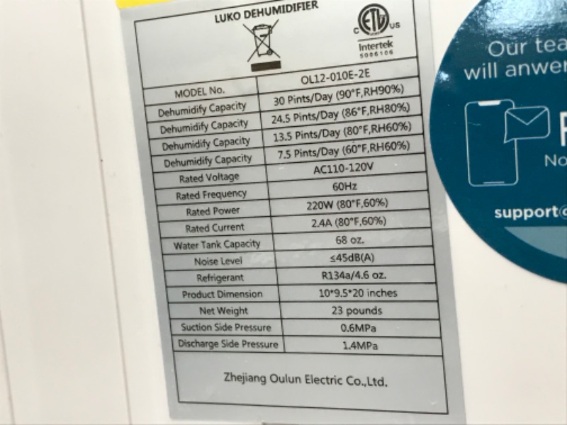 Photo 4 of **MISSING 1 WHEEL- USED-**
LUKO 2000 Sq. Ft Dehumidifiers for Large Room and Basements, 30 Pints Dehumidifier with Drain Hose, Auto or Manual Drainage, 0.528 Gallon Water Tank, Auto Defrost, Dry Clothes Function, 24H Timer (white)
