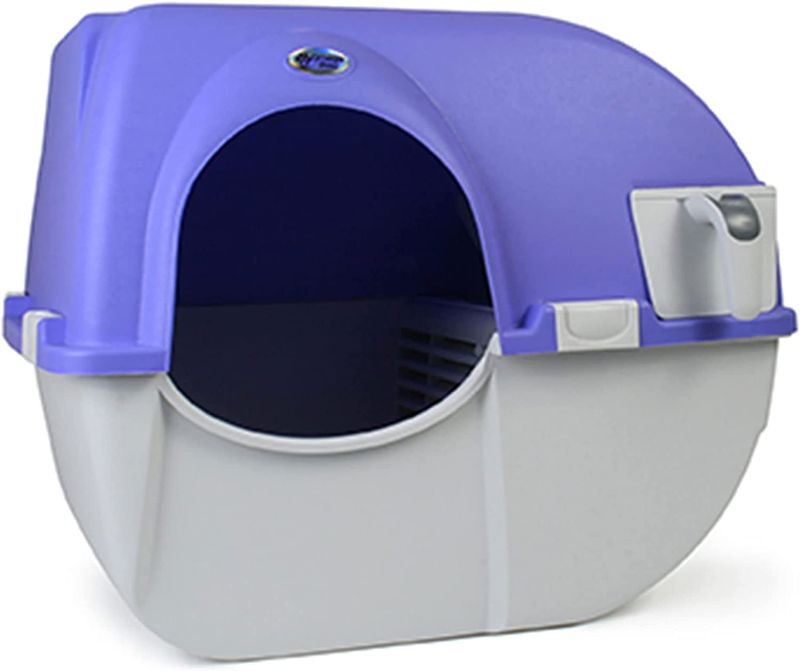 Photo 1 of **USED MINOR DAMAGE LOOSE HARDWARE**
Omega Paw Roll 'n Clean Plastic Indoor Outdoor Automatic Self Cleaning Litter Box with Enclosed Lid for Regular Sized Cats up to 12 Pounds, Periwinkle
