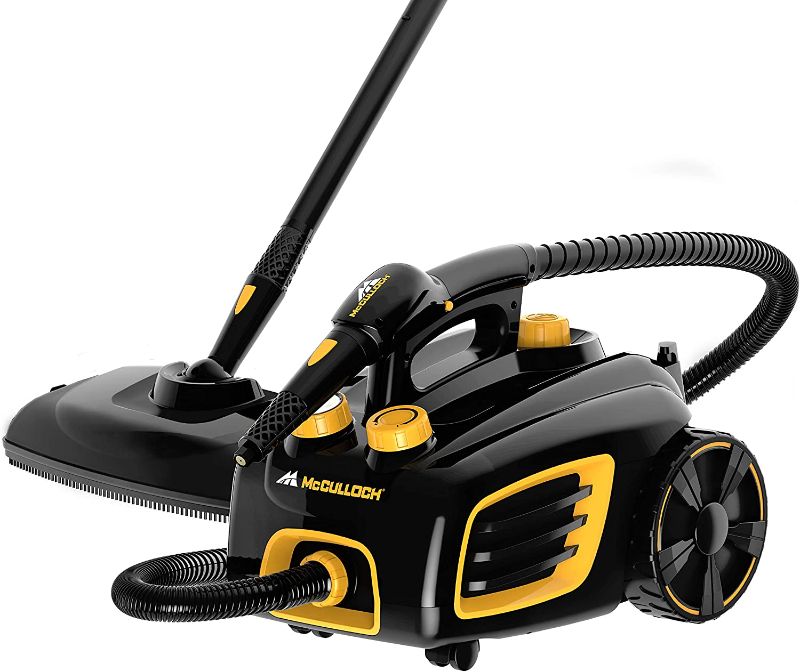 Photo 1 of **USED**
McCulloch MC1375 Canister Steam Cleaner with 20 Accessories, Extra-Long Power Cord, Chemical-Free Cleaning for Most Floors, Counters, Appliances, Windows, Autos, and More, 1-(Pack), Black
