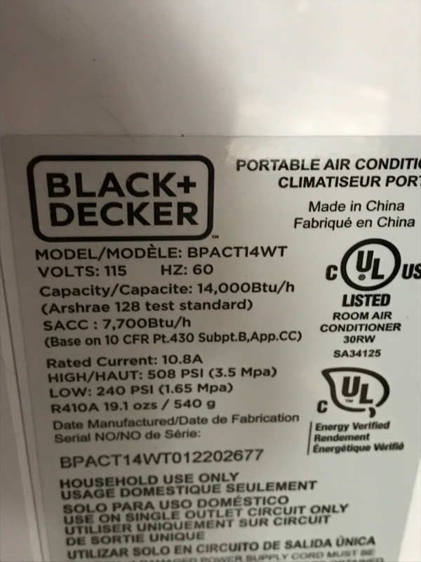 Photo 4 of ** READ COMMENTS** NOT FUNCTIONAL
BLACK+DECKER BPACT12WT Large Spaces Air Conditioner Portable, 12,000 BTU, White
