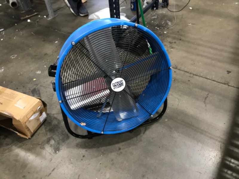 Photo 4 of **DENTED- BLADES HIT FRAME WHEN ON**
Maxx Air | Industrial Grade Air Circulator for Garage, Shop, Patio, Barn Use | 24-Inch High Velocity Drum Fan, Two-Speed, Yellow (Blue)
