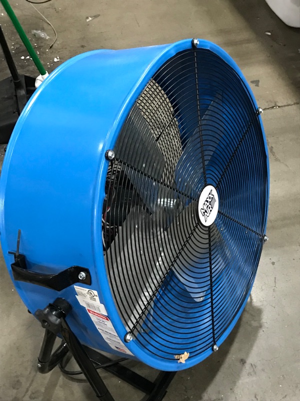 Photo 5 of **DENTED- BLADES HIT FRAME WHEN ON**
Maxx Air | Industrial Grade Air Circulator for Garage, Shop, Patio, Barn Use | 24-Inch High Velocity Drum Fan, Two-Speed, Yellow (Blue)
