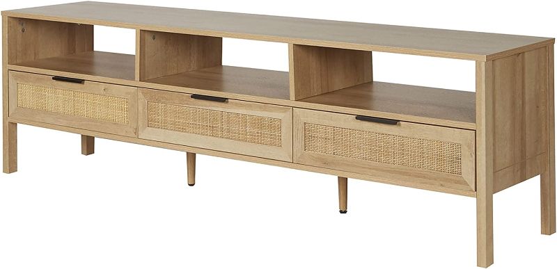 Photo 1 of **LOOSE HARDWARE**MINOR WOOD DAMAGE
Decor Therapy Piper Rattan Storage Media Console Stand for TVs up to 79", 66" x 20", Blondewood
