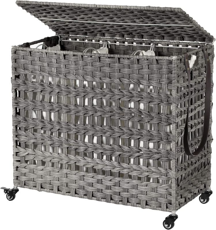 Photo 1 of **MISSING WHEELS**
SONGMICS Handwoven Laundry Hamper, Rattan-Style Laundry Basket with 3 Removable Bags, Handles, Laundry Sorter with Lid, for Living Room, Bathroom, Laundry Room, Gray ULCB083G02
