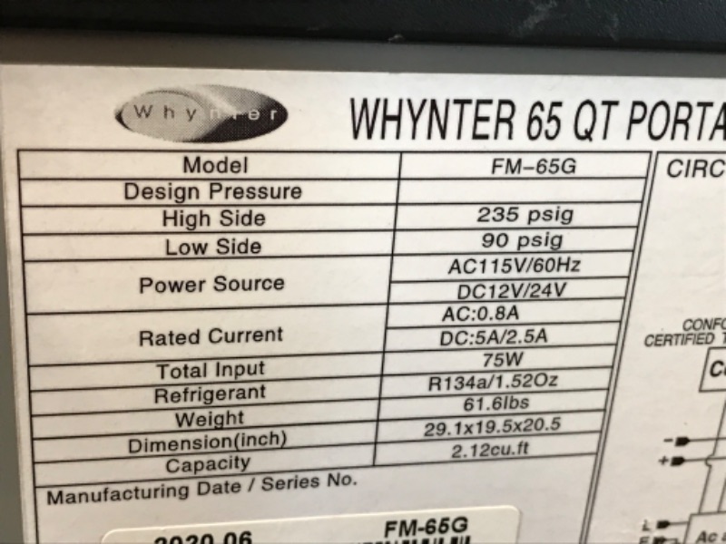 Photo 3 of **UNABLE TO TEST-MISSING CONNECTION**
Whynter FM-65G 65 Quart Portable Refrigerator, AC 110V/ DC 12V True Freezer for Car, Home, Camping, RV-8°F to 50°F, One Size, Gray
