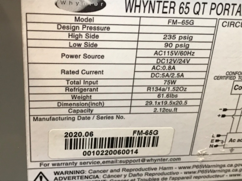 Photo 5 of **UNABLE TO TEST-MISSING CONNECTION**
Whynter FM-65G 65 Quart Portable Refrigerator, AC 110V/ DC 12V True Freezer for Car, Home, Camping, RV-8°F to 50°F, One Size, Gray
